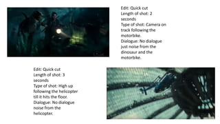 Edit: Quick cut
Length of shot: 2
seconds
Type of shot: Camera on
track following the
motorbike.
Dialogue: No dialogue
just noise from the
dinosaur and the
motorbike.
Edit: Quick cut
Length of shot: 3
seconds
Type of shot: High up
following the helicopter
till it hits the floor.
Dialogue: No dialogue
noise from the
helicopter.
 