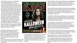 The tagline for this cover is ‘All killer! No
filler! Starring reborn horror’ which
represents Michael Myers who does not
care who he kills and he is cold hearted. And
reborn represents the franchise continuing
with the same leading lady Jamie lee Curtis
who played Laurie Strode is returning to the
franchise 40 years after the original which
came out 1978. this new sequel is ignoring
all of the other sequels and setting it 40
years after the original. Laurie has a light on
her face that makes her look angelic an
shows she is the savior of the franchise.
Proairetic code is used to create a tense
atmosphere because Michael is lurking in
the shadows. Laurie is staring at the
audience while Michael is staring at Laurie
The masthead is neon orange and represents the Halloween
seasons because it is linked with autumn and pumpkins
which are orange and related to the Halloween season and
was the original color of the Halloween logo in 1978
The dominant image is of Jamie lee Curtis who plays final girl
Laurie strode who is further forward than the shape because
she is out in the open and the shape is lurking in the
shadows behind her while she is ready to fight him and get
this nightmare over with.
The skyline is ‘Ultimate spring 2018 preview’ makes people
want to buy this too see what other films are coming out
soon and what movies are going to considered for an Oscar
with Oscar season approaching.
The color scheme is orange, green and white
which could refer to the 3 different masks in
Halloween season of the witch
The logo for Halloween looks like it has
been layered the new logo has been
placed over the original which has faded
away or decomposed just like Michael
Myers mask which looks worn out and
not in good condition because its been
40 years
The sub image is a picture of Bruce Willis from the movie
die hard which turns 30 this year ad this might incise
people to read this because they might like the original die
hard or the rest of the franchise. People may also want to
find out the real story of die hard like advertised
The sell line would be the list of movies that are coming out
soon to get them excited about the new blockbuster movies
an movies that could possibly be up for an Oscar
The use of Hermeneutic code with the exclamation
mark to create mystery about what is included in
‘many more!’
The target audience is fans of the Halloween franchise
and horror fans and is used to entertain the readers
This is a digital magazine which means people can buy
it online which can be more useful because people can
access it everywhere it can also be cheaper to read it
online.
The purpose of this magazine cover is to make
people excited to see a follow up sequel of
Halloween since it has been 40 years since the
original. Another purpose of this cover is to
show other upcoming films that come out in
October.
 