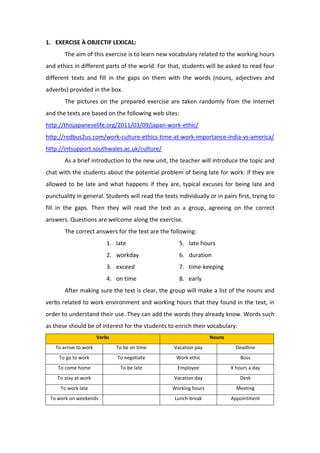 1. EXERCISE À OBJECTIF LEXICAL: 
  The aim of this exercise is to learn new vocabulary related to the working hours 
and ethics in different parts of the world. For that, students will be asked to read four 
different  texts  and  fill  in  the  gaps  on  them  with  the  words  (nouns,  adjectives  and 
adverbs) provided in the box.  
  The pictures on the prepared exercise are taken randomly from the Internet 
and the texts are based on the following web sites:  
http://thisjapaneselife.org/2011/03/09/japan‐work‐ethic/ 
http://redbus2us.com/work‐culture‐ethics‐time‐at‐work‐importance‐india‐vs‐america/ 
http://intsupport.southwales.ac.uk/culture/ 
  As a brief introduction to the new unit, the teacher will introduce the topic and 
chat with the students about the potential problem of being late for work: if they are 
allowed to be late and what happens if they are, typical excuses for being late and 
punctuality in general. Students will read the texts individually or in pairs first, trying to 
fill  in  the  gaps.  Then  they  will  read  the  text  as  a  group,  agreeing  on  the  correct 
answers. Questions are welcome along the exercise.  
  The correct answers for the text are the following:  
1. late 
2. workday 
3. exceed 
4. on time 
5. late hours 
6. duration 
7. time‐keeping 
8. early 
  After making sure the text is clear, the group will make a list of the nouns and 
verbs related to work environment and working hours that they found in the text, in 
order to understand their use. They can add the words they already know. Words such 
as these should be of interest for the students to enrich their vocabulary: 
Verbs  Nouns 
To arrive to work  To be on time  Vacation pay  Deadline 
To go to work  To negotiate  Work ethic  Boss 
To come home  To be late  Employee  X hours a day 
To stay at work    Vacation day  Desk 
To work late    Working hours  Meeting 
To work on weekends    Lunch‐break  Appointment 
 