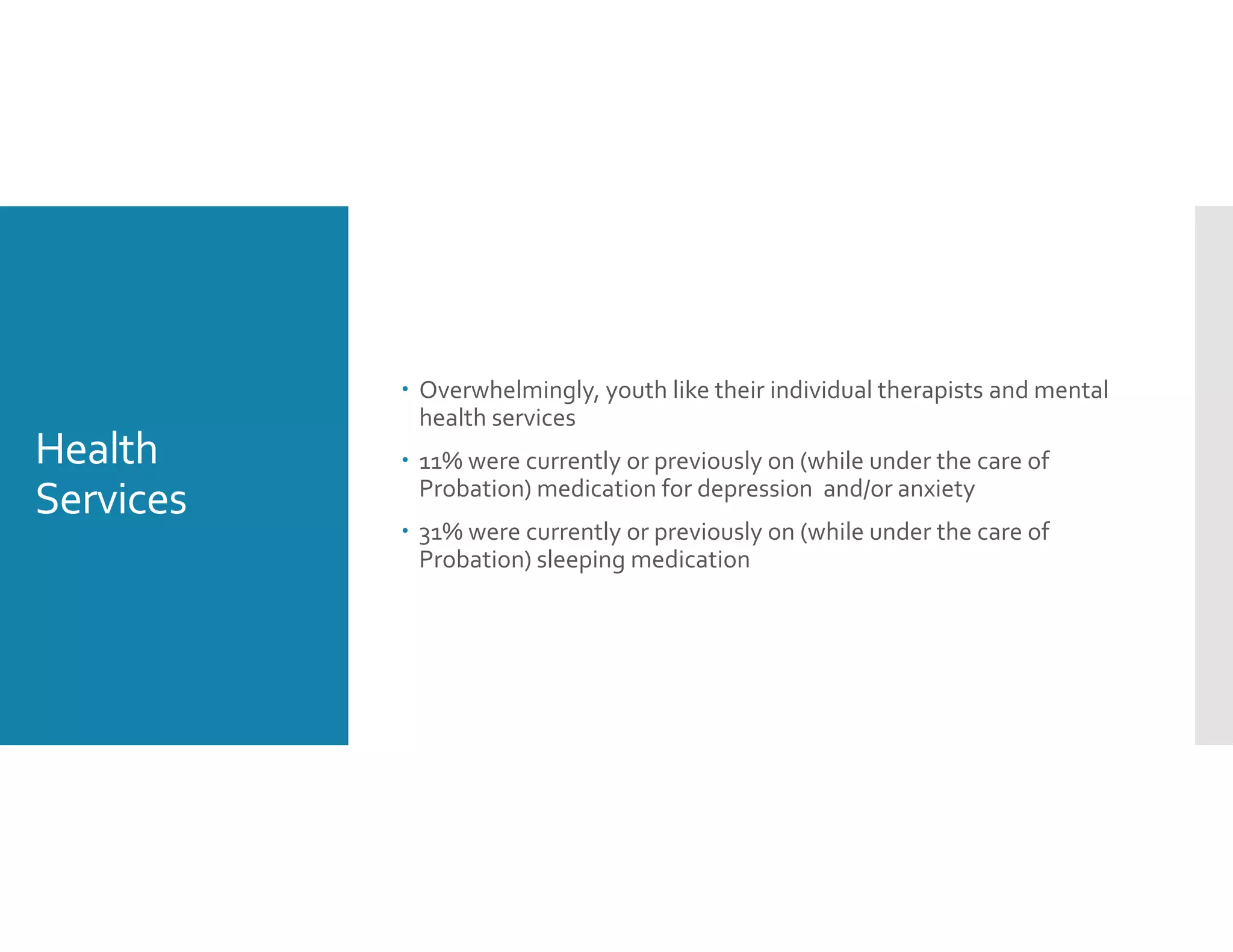 Health 
Services
 Overwhelmingly, youth like their individual therapists and mental 
health services 
 11% were currently or previously on (while under the care of 
Probation) medication for depression  and/or anxiety 
 31% were currently or previously on (while under the care of 
Probation) sleeping medication
 