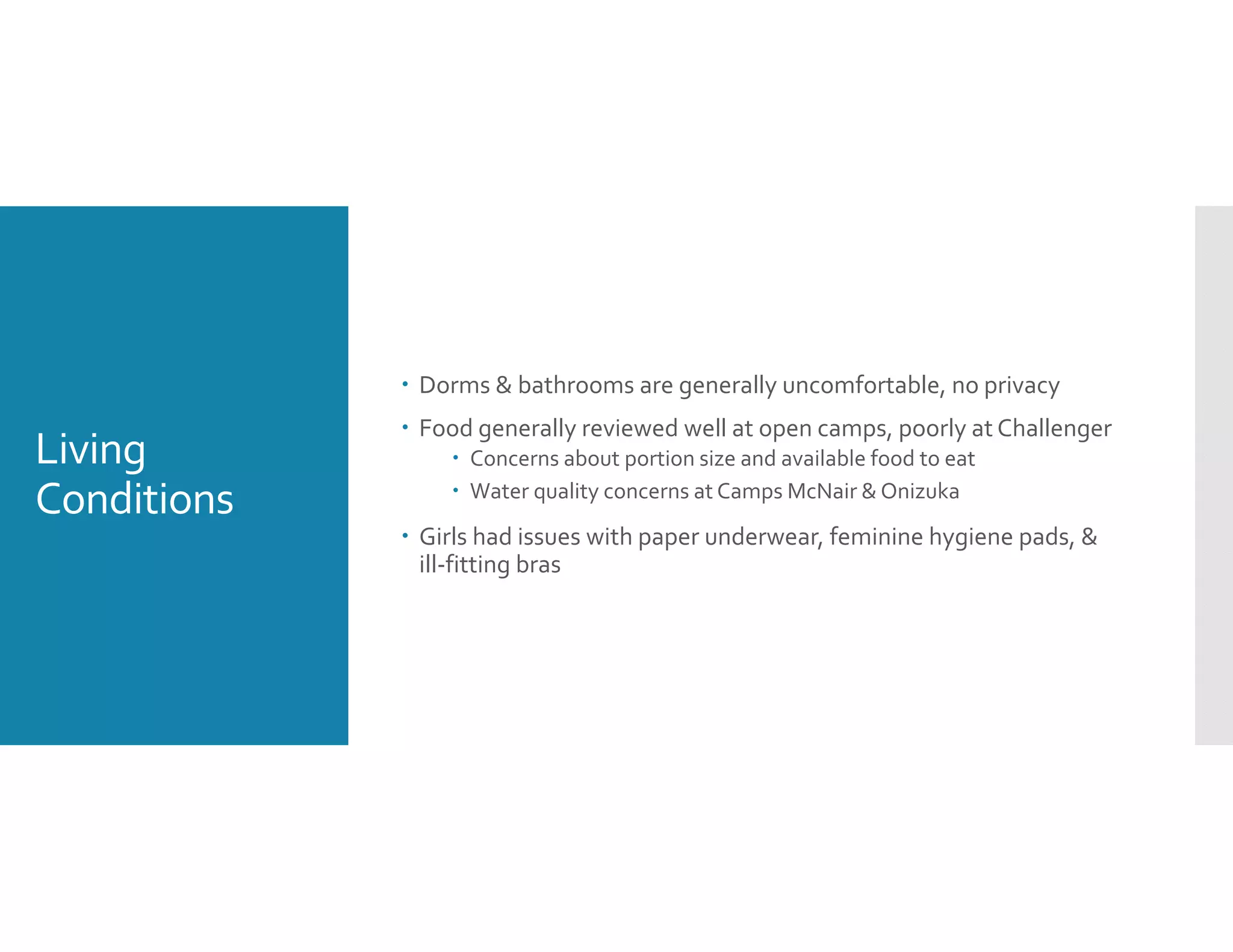Living 
Conditions
 Dorms & bathrooms are generally uncomfortable, no privacy 
 Food generally reviewed well at open camps, poorly at Challenger
 Concerns about portion size and available food to eat
 Water quality concerns at Camps McNair & Onizuka
 Girls had issues with paper underwear, feminine hygiene pads, & 
ill‐fitting bras 
 