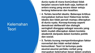 Kelemahan
Teori
dunia nyata di mana komunikasi tidak
berjalan secara baik-baik saja, bahkan di
antara orang yang secara dasar setuju
tentang kebenaran dan keadilan.
• 4. Terlalu bersifat idealis: Beberapa kritikus
menyatakan bahwa teori Habermas terlalu
idealis dan tidak pernah mampu diterapkan
di dunia nyata. Konsep-konsep seperti
demokrasi deliberatif dan dialogik
seringkali dianggap sebagai sesuatu yang
lebih mudah diterapkan dalam konteks
akademik daripada dalam konteks politik
dan sosial.
• 5. Terlalu kurang mempertimbangkan faktor
nonverbal dan tidak verbal dalam
komunikasi: Teori ini tertumpu pada
asumsi-asumsi perilaku verbal yang
merupakan kelemahan besar dalam analisis
 