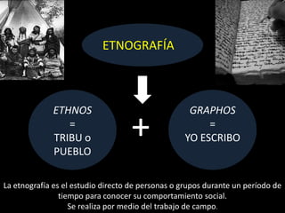 ETNOGRAFÍA 
ETHNOS 
= 
TRIBU oPUEBLO 
GRAPHOS 
= 
YO ESCRIBO 
+ 
La etnografía es el estudio directo de personas o grupos durante un período de tiempo para conocer su comportamiento social. 
Se realiza por medio del trabajo de campo.  