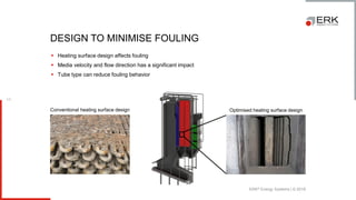 ERK® Energy Systems | © 2018
11
▪ Heating surface design affects fouling
▪ Media velocity and flow direction has a significant impact
▪ Tube type can reduce fouling behavior
DESIGN TO MINIMISE FOULING
Conventional heating surface design Optimised heating surface design
 