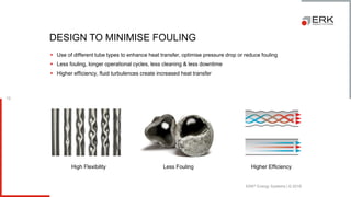 ERK® Energy Systems | © 2018
12
▪ Use of different tube types to enhance heat transfer, optimise pressure drop or reduce fouling
▪ Less fouling, longer operational cycles, less cleaning & less downtime
▪ Higher efficiency, fluid turbulences create increased heat transfer
High Flexibility Less Fouling Higher Efficiency
DESIGN TO MINIMISE FOULING
 