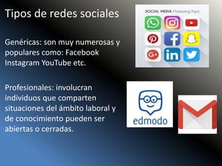 Tipos de redes sociales
Genéricas: son muy numerosas y
populares como: Facebook
Instagram YouTube etc.
Profesionales: involucran
individuos que comparten
situaciones del ámbito laboral y
de conocimiento pueden ser
abiertas o cerradas.
 