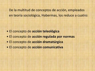 De la multitud de conceptos de acción, empleados
 en teoría sociológica, Habermas, los reduce a cuatro:



• El concepto de acción teleológica
• El concepto de acción regulada por normas
• El concepto de acción dramatúrgica
• El concepto de acción comunicativa
 