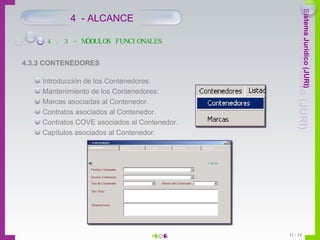 4 . 3 – MÓDULOS FUNCIONALES 4  - ALCANCE 4.3.3 CONTENEDORES Introducción de los Contenedores. Mantenimiento de los Contenedores: Marcas asociadas al Contenedor. Contratos asociados al Contenedor. Contratos COVE asociados al Contenedor. Capítulos asociados al Contenedor. 