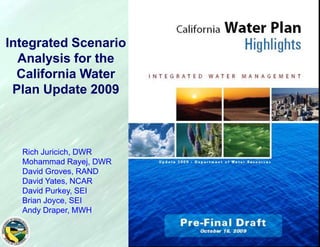 1,[object Object],Integrated Scenario Analysis for the California Water Plan Update 2009,[object Object],Rich Juricich, DWR,[object Object],Mohammad Rayej, DWR,[object Object],David Groves, RAND,[object Object],David Yates, NCAR,[object Object],David Purkey, SEI,[object Object],Brian Joyce, SEI,[object Object],Andy Draper, MWH,[object Object]