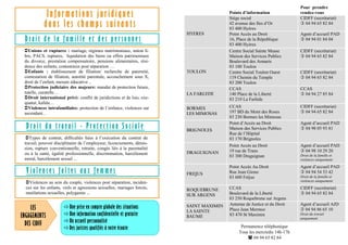 I n fo r m at i o n s j u r i d i q u e s
d a n s le s c h a m p s s u iva n t s
Unions et ruptures : mariage, régimes matrimoniaux, union li-
bre, PACS, ruptures, liquidation des biens ou effets patrimoniaux
du divorce, prestation compensatoire, pensions alimentaires, rési-
dence des enfants, contentieux post séparation …
Enfants : établissement de filiation/ recherche de paternité,
contestation de filiation, autorité parentale, accouchement sous X,
droit de l’enfant, mesure éducative ..
Protection judiciaire des majeurs: mandat de protection future,
tutelle, curatelle…
Droit international privé: conflit de juridictions et de lois, exe-
quatur, kafala…
Violences intrafamiliales: protection de l’enfance, violences sur
ascendant...
Types de contrat, difficultés liées à l’exécution du contrat de
travail, pouvoir disciplinaire de l’employeur, licenciements, démis-
sion, rupture conventionnelle, retraite, congés liés à la parentalité
ou à la santé, égalité professionnelle, discrimination, harcèlement
moral, harcèlement sexuel ...
Violences au sein du couple, violences post séparation, inciden-
ces sur les enfants, viols et agressions sexuelles, mariages forcés,
mutilations sexuelles, polygamie ...
Une prise en compte globale des situations
Une information confidentielle et gratuite
Un accueil personnalisé
Des juristes qualifiés à votre écoute
D ro i t d e l a f a m i l le et d e s p e r s o n n e s
D ro i t d u t rav a i l - P ro t e c t i o n S o c i a le
V i o le n c e s f a î t e s a u x fe m m e s
LES
ENGAGEMENTS
DES CIDFF
Points d’information
Pour prendre
rendez-vous
HYERES
Siège social
42 avenue des Iles d’Or
83 400 Hyères
CIDFF (secrétariat)
 04 94 65 82 84
Point Accès au Droit
16, Place de la République
83 400 Hyères
Agent d’accueil PAD
 04 94 01 84 04
Centre Social Sainte Musse
Maison des Services Publics
Boulevard des Armaris
83 100 Toulon
CIDFF (secrétariat)
 04 94 65 82 84
TOULON Centre Social Toulon Ouest
119 Chemin du Temple
83 200 Toulon
CIDFF (secrétariat)
 04 94 65 82 84
LA FARLEDE
CCAS
140 Place de la Liberté
83 210 La Farlède
CCAS
 04 94 27 85 84
BORMES
LES MIMOSAS
CCAS
197 BD du Mont des Roses
83 230 Bormes les Mimosas
CIDFF (secrétariat)
 04 94 65 82 84
BRIGNOLES
Point d’Accès au Droit
Maison des Services Publics
Rue de l’Hôpital
83 170 Brignoles
Agent d’accueil PAD
 04 98 05 93 81
DRAGUIGNAN
Point Accès au Droit
19 rue de Trans
83 300 Draguignan
Agent d’accueil PAD
 04 98 10 29 20
Droit de la famille et
violences uniquement
FREJUS
Point Accès Au Droit
Rue Jean Giono
83 600 Fréjus
Agent d’accueil PAD
 04 94 54 53 42
Droit de la famille et
violences uniquement
ROQUEBRUNE
SUR ARGENS
CCAS
Boulevard de la Liberté
83 250 Roquebrune sur Argens
CIDFF (secrétariat)
 04 94 65 82 84
SAINT MAXIMIN
LA SAINTE
BAUME
Antenne de Justice et du Droit
Place Jean Mermoz
83 470 St Maximin
Agent d’accueil AJD
 04 94 86 65 10
Droit du travail
uniquement
Permanence téléphonique
Tous les mercredis 14h-17h
 04 94 65 82 84
 
