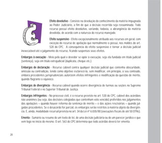 28
EEffeeiittoo ddeevvoolluuttiivvoo - Consiste na devolução do conhecimento da matéria impugnada
ao Poder Judiciário, a fim de que a decisão recorrida seja reexaminada. Todo
recurso possui efeito devolutivo, variando, todavia, a abrangência da matéria
devolvida, de acordo com a natureza do recurso manejado.
EEffeeiittoo ssuussppeennssiivvoo - Efeito excepcionalmente atribuído aos recursos em geral, com
exceção do recurso de apelação que normalmente o possui, nos moldes do art.
520 do CPC. A consequência do efeito suspensivo é tornar a decisão judicial
inexecutável até o julgamento do recurso, ficando suspensos seus efeitos.
EEmmbbaarrggooss àà eexxeeccuuççããoo - Meio pelo qual o devedor se opõe à execução, seja ela fundada em título judicial
(sentença), seja em título extrajudicial (duplicata, cheque etc.).
EEmmbbaarrggooss ddee ddeeccllaarraaççããoo - Recurso cabível contra qualquer decisão judicial que contenha obscuridade,
omissão ou contradição, tendo como objetivo esclarecê-la, sem modificar, em princípio, o seu conteúdo,
embora precedentes jurisprudenciais autorizem efeitos infringentes e modificação da questão de mérito,
quando flagrante o equívoco.
EEmmbbaarrggooss ddee ddiivveerrggêênncciiaa - Recurso cabível quando ocorre divergência de turmas ou seções no Supremo
Tribunal Federal e no Superior Tribunal de Justiça.
EEmmbbaarrggooss iinnffrriinnggeenntteess - No processo civil, é o recurso previsto no art. 530 do CPC, cabível dos acórdãos
não unânimes (ou seja, das decisões colegiadas que contenham voto vencido) proferidos nos julgamentos
das apelações – quando houver reforma da sentença de mérito – e das ações rescisórias – quando jul-
gadas procedentes. Se o desacordo for parcial, os embargos serão restritos à matéria objeto da divergên-
cia. É, ainda, modalidade recursal prevista no art. 34 da Lei nº 6.830/80 (execuções fiscais de até 50 OTNs).
EEmmeennttaa - Sumário ou resumo de um texto de lei, de uma decisão judiciária ou de um parecer jurídico e que
vem logo no início do mesmo. O art. 563 do CPC determina que todo acórdão deverá ter ementa.
 