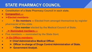 STATE PHARMACY COUNCIL
● Constitution of a State Pharmacy Council in each state.
● Composition —
● ➢Elected members-
● ➢ Six members — Elected from amongst themselves by register
pharmacist of the state.
● ➢One member elected by the Medical Council of State.
● ➢ Nominated members —
● Five members — nominated by the State Govt.
● ➢ Ex-Officio members-
● ➢ Chief Administrative Medical Officer.
● ➢ Officer in-charge of Drugs Control Administration of State.
● ➢ Government Analyst.
 