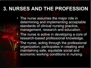 3. NURSES AND THE PROFESSION   The nurse assumes the major role in determining and implementing acceptable standards of clinical nursing practice, management, research and education. The nurse is active in developing a core of research-based professional knowledge. The nurse, acting through the professional organization, participates in creating and maintaining safe, equitable social and economic working conditions in nursing. 