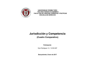 UNIVERSIDAD FERMIN TORO
VICE RECTORADO ACADÉMICO
FACULTAD DE CIENCIAS JURÍDICAS Y POLÍTICAS
ESCUELA DE DERECHO
Jurisdicción y Competencia
(Cuadro Comparativo)
Participante:
Eyini Rodríguez C.I. 12.535.387
Barquisimeto, Enero de 2017
 