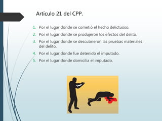 Artículo 21 del CPP.
1. Por el lugar donde se cometió el hecho delictuoso.
2. Por el lugar donde se produjeron los efectos del delito.
3. Por el lugar donde se descubrieron las pruebas materiales
del delito.
4. Por el lugar donde fue detenido el imputado.
5. Por el lugar donde domicilia el imputado.
 