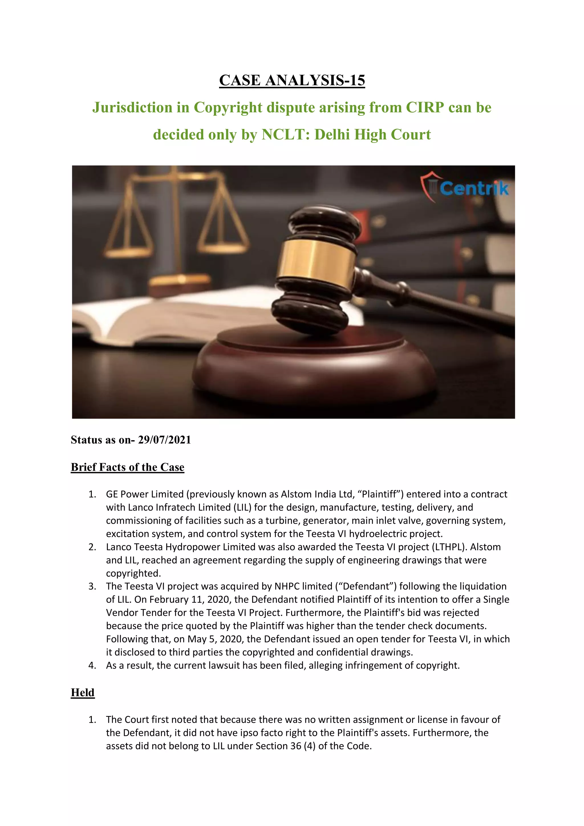 Jurisdiction in copyright dispute arising from cirp can be decided only