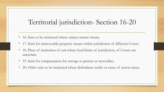 Territorial jurisdiction- Section 16-20
• 16. Suits to be instituted where subject matter situate.
• 17. Suits for immoveable property situate within jurisdiction of different Courts.
• 18. Place of institution of suit where local limits of jurisdiction, of Courts are
uncertain.
• 19. Suits for compensation for wrongs to person or moveables.
• 20. Other suits to be instituted where defendants reside or cause of action arises.
 