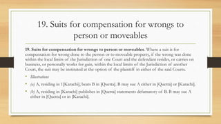 19. Suits for compensation for wrongs to
person or moveables
19. Suits for compensation for wrongs to person or moveables. Where a suit is for
compensation for wrong done to the person or to moveable property, if the wrong was done
within the local limits of the Jurisdiction of one Court and the defendant resides, or carries on
business, or personally works for gain, within the local limits of the Jurisdiction of another
Court, the suit may be instituted at the option of the plaintiff in either of the said Courts.
• Illustrations
• (a) A, residing in 1[Karachi], beats B in [Quetta]. B may sue A either in [Quetta] or [Karachi].
• (b) A, residing in [Karachi] publishes in [Quetta] statements defamatory of B. B may sue A
either in [Quetta] or in [Karachi].
 