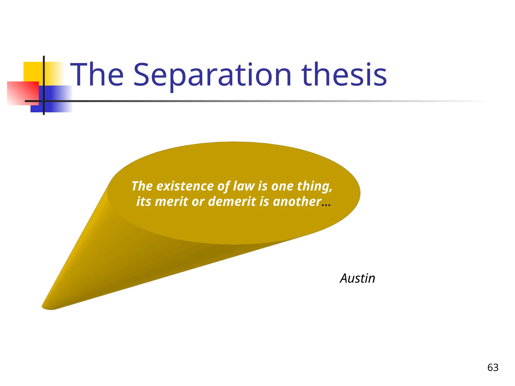 63
The Separation thesis
The existence of law is one thing,
its merit or demerit is another...
Austin
 
