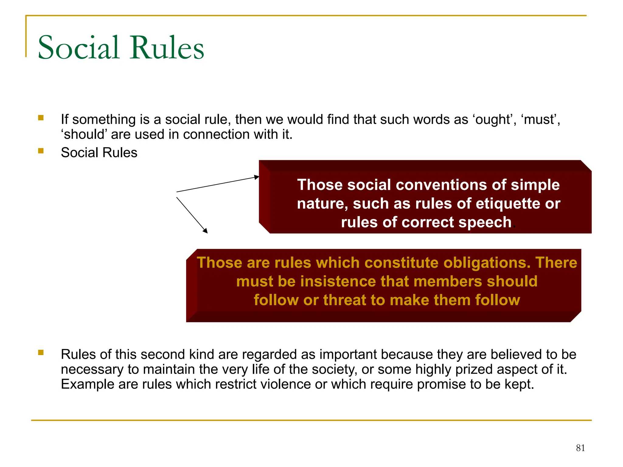 81
Social Rules
 If something is a social rule, then we would find that such words as ‘ought’, ‘must’,
‘should’ are used in connection with it.
 Social Rules
 Rules of this second kind are regarded as important because they are believed to be
necessary to maintain the very life of the society, or some highly prized aspect of it.
Example are rules which restrict violence or which require promise to be kept.
Those social conventions of simple
nature, such as rules of etiquette or
rules of correct speech.
Those are rules which constitute obligations. There
must be insistence that members should
follow or threat to make them follow
 