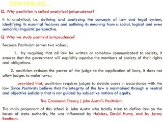 CONTINUED…
Q. Why positivism is called analytical jurisprudence?
It is analytical, i.e. defining and analyzing the concepts of law and legal system,
identifying its essential features and outlining its meaning from a social, logical and even
semantic/linguistic perspective.
Q. Why we study positivist jurisprudence?
Because Positivism serves two values;
1. by requiring that all law be written or somehow communicated to society, it
ensures that the government will explicitly apprise the members of society of their rights
and obligations.
2. positivism reduces the power of the judge to the application of laws, it does not
allow judges to make laws.;
provided that, positivism requires judges to decide cases in accordance with the
law. Since Positivists believe that the integrity of the law is maintained through a neutral
and objective judiciary that is not guided by subjective notions of equity.
The Command Theory ( john Austin's Positivism)
The main proponent of this school is John Austin who boldly tried to define law on the
bases of state authority. He was influenced by Hobbes, David Hume, and by Jermy
Bentham.
 