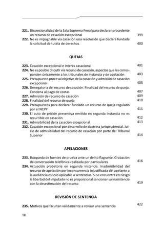 18
221.	Discrecionalidad de la Sala Suprema Penal para declarar procedente
un recurso de casación excepcional
222.	No es impugnable vía casación una resolución que declara fundada
la solicitud de tutela de derechos
QUEJAS
223.	Casación excepcional e interés casacional
224.	No es posible discutir vía recurso de casación, aspectos que les corres-
ponden únicamente a los tribunales de instancia y de apelación
225.	Presupuesto procesal objetivo de la casación y admisión de casación
excepcional
226.	Denegatoria del recurso de casación. Finalidad del recurso de queja.
Condena al pago de costas
227.	Admisión de recurso de casación
228.	Finalidad del recurso de queja
229.	Presupuestos para declarar fundado un recurso de queja regulado
por el NCPP
230.	El auto de prisión preventiva emitido en segunda instancia no es
recurrible en casación
231.	Admisibilidad de la casación excepcional
232.	Casación excepcional por desarrollo de doctrina jurisprudencial. Jui-
cio de admisibilidad del recurso de casación por parte del Tribunal
Superior
APELACIONES
233.	Búsqueda de fuentes de prueba ante un delito flagrante. Grabación
de conversación telefónica realizada por particulares
234.	Actuación probatoria en segunda instancia. Inadmisibilidad del
recurso de apelación por inconcurrencia injustificada del apelante a
la audiencia es solo aplicable a sentencias. Si se encuentra en riesgo
la libertad del imputado no es proporcional sancionar su inasistencia
con la desestimación del recurso
REVISIÓN DE SENTENCIA
235.	Motivos que facultan válidamente a revisar una sentencia
399
400
401
403
405
407
409
410
411
412
413
414
416
419
422
 