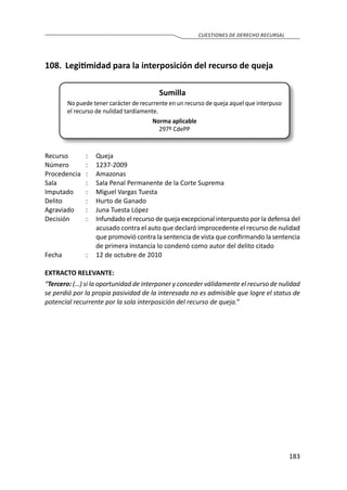 183
CUESTIONES DE DERECHO RECURSAL
108.	 Legitimidad para la interposición del recurso de queja
Sumilla
No puede tener carácter de recurrente en un recurso de queja aquel que interpuso
el recurso de nulidad tardíamente.
Norma aplicable
297º CdePP
Recurso 	 :	 Queja
Número	 :	1237-2009
Procedencia	:	 Amazonas
Sala	 :	 Sala Penal Permanente de la Corte Suprema
Imputado	 :	 Miguel Vargas Tuesta
Delito	 :	 Hurto de Ganado
Agraviado	 :	 Juna Tuesta López
Decisión	 :	 Infundado el recurso de queja excepcional interpuesto por la defensa del
acusado contra el auto que declaró improcedente el recurso de nulidad
que promovió contra la sentencia de vista que confirmando la sentencia
de primera instancia lo condenó como autor del delito citado
Fecha	 :	 12 de octubre de 2010
EXTRACTO RELEVANTE:
“Tercero: (…) si la oportunidad de interponer y conceder válidamente el recurso de nulidad
se perdió por la propia pasividad de la interesada no es admisible que logre el status de
potencial recurrente por la sola interposición del recurso de queja.”
 