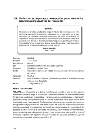 214
131.	 Motivación incompleta por no responder puntualmente los
argumentos impugnativos del recurrente
Sumilla
El derecho a la tutela jurisdiccional exige al Tribunal ad quem responder a los
agravios y argumentos impugnativos propuestos por el recurrente, por lo que,
limitarse a dar cuenta de las pruebas de cargo sin responder puntualmente sus
argumentos impugnativos respecto a la insuficiencia probatoria por ausencia de
prueba técnica del estado de inconsciencia de la agraviada, constituye motivación
incompleta al privar al recurrente de una respuesta razonada y razonable acerca
del mérito de su pretensión defensiva en sede recursal.
Norma aplicable
298º.1 CdePP
Recurso 	 :	 Nulidad
Número	 :	 3324 - 2009
Procedencia	:	 Ancash
Sala	 :	 Sala Penal Permanente de la Corte Suprema
Imputado	 :	 Luis Alberto Agreda Pinto
Delito	 :	 Violación de persona en estado de inconsciencia o en la imposibilidad
de resistir.
Agraviada	 :	M.C.R.C.
Decisión	 :	 Nula la sentencia de vista, ordenando que se dicte nueva sentencia de
vista por otro Colegiado 	
Fecha	 :	 22 de julio de 2010
EXTRACTO RELEVANTE:
“CUARTO: (…) el derecho a la tutela jurisdiccional cuando se ejercen los recursos
legalmente previstos exige al Tribunal Ad Quem responder en sus lógicas esenciales a
los agravios –pretensión impugnativa– y argumentos impugnativos que se hacen valer
por el recurrente. En el presente caso, el Tribunal Superior se limito a dar cuenta de las
pruebas de cargo en su segundo fundamento jurídico, pero no respondió puntualmente
el argumento impugnativo del imputado acerca del juicio de suficiencia probatoria
ante la ausencia de prueba técnica del estado de inconsciencia y del contenido de las
pastillas que hizo ingerir a la agraviada. Tal omisión, sin duda hace que la motivación
sea incompleta y prive al imputado de una respuesta razonada y razonable acerca del
merito de su pretensión defensiva en sede recursal. Así las cosas, el Tribunal Superior
incurrió en la causal de nulidad insanable (…)”
 