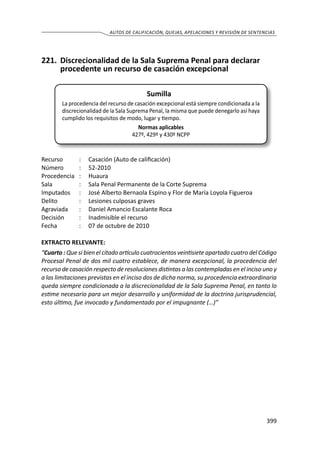 399
AUTOS DE CALIFICACIÓN, QUEJAS, APELACIONES Y REVISIÓN DE SENTENCIAS
221.	 Discrecionalidad de la Sala Suprema Penal para declarar
procedente un recurso de casación excepcional
Sumilla
La procedencia del recurso de casación excepcional está siempre condicionada a la
discrecionalidad de la Sala Suprema Penal, la misma que puede denegarlo así haya
cumplido los requisitos de modo, lugar y tiempo.
Normas aplicables
427º, 429º y 430º NCPP
Recurso 	 :	 Casación (Auto de calificación)
Número	 :	52-2010
Procedencia	:	 Huaura
Sala	 :	 Sala Penal Permanente de la Corte Suprema
Imputados 	 :	 José Alberto Bernaola Espino y Flor de María Loyola Figueroa
Delito 	 : 	 Lesiones culposas graves
Agraviada 	 : 	 Daniel Amancio Escalante Roca
Decisión 	 : 	 Inadmisible el recurso
Fecha 	 :	 07 de octubre de 2010
EXTRACTO RELEVANTE:
“Cuarto : Que si bien el citado artículo cuatrocientos veintisiete apartado cuatro del Código
Procesal Penal de dos mil cuatro establece, de manera excepcional, la procedencia del
recurso de casación respecto de resoluciones distintas a las contempladas en el inciso uno y
a las limitaciones previstas en el inciso dos de dicha norma, su procedencia extraordinaria
queda siempre condicionada a la discrecionalidad de la Sala Suprema Penal, en tanto lo
estime necesario para un mejor desarrollo y uniformidad de la doctrina jurisprudencial,
esto último, fue invocado y fundamentado por el impugnante (…)”
 