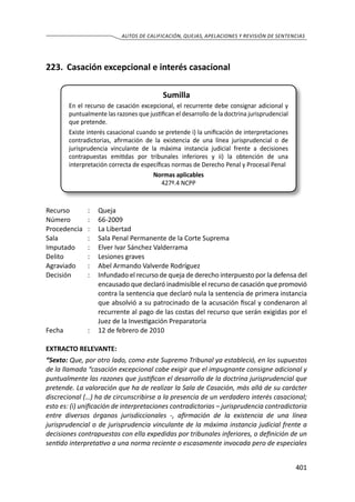401
AUTOS DE CALIFICACIÓN, QUEJAS, APELACIONES Y REVISIÓN DE SENTENCIAS
223.	 Casación excepcional e interés casacional
Sumilla
En el recurso de casación excepcional, el recurrente debe consignar adicional y
puntualmente las razones que justifican el desarrollo de la doctrina jurisprudencial
que pretende.
Existe interés casacional cuando se pretende i) la unificación de interpretaciones
contradictorias, afirmación de la existencia de una línea jurisprudencial o de
jurisprudencia vinculante de la máxima instancia judicial frente a decisiones
contrapuestas emitidas por tribunales inferiores y ii) la obtención de una
interpretación correcta de específicas normas de Derecho Penal y Procesal Penal
Normas aplicables
427º.4 NCPP
Recurso 	 :	 Queja
Número	 :	66-2009
Procedencia	 :	 La Libertad
Sala	 :	 Sala Penal Permanente de la Corte Suprema
Imputado 	 :	 Elver Ivar Sánchez Valderrama
Delito	 :	 Lesiones graves
Agraviado 	 : 	 Abel Armando Valverde Rodríguez
Decisión 	 :	 Infundado el recurso de queja de derecho interpuesto por la defensa del
encausado que declaró inadmisible el recurso de casación que promovió
contra la sentencia que declaró nula la sentencia de primera instancia
que absolvió a su patrocinado de la acusación fiscal y condenaron al
recurrente al pago de las costas del recurso que serán exigidas por el
Juez de la Investigación Preparatoria
Fecha 	 :	 12 de febrero de 2010
EXTRACTO RELEVANTE:
“Sexto: Que, por otro lado, como este Supremo Tribunal ya estableció, en los supuestos
de la llamada “casación excepcional cabe exigir que el impugnante consigne adicional y
puntualmente las razones que justifican el desarrollo de la doctrina jurisprudencial que
pretende. La valoración que ha de realizar la Sala de Casación, más allá de su carácter
discrecional (…) ha de circunscribirse a la presencia de un verdadero interés casacional;
esto es: (i) unificación de interpretaciones contradictorias – jurisprudencia contradictoria
entre diversos órganos jurisdiccionales -, afirmación de la existencia de una línea
jurisprudencial o de jurisprudencia vinculante de la máxima instancia judicial frente a
decisiones contrapuestas con ella expedidas por tribunales inferiores, o definición de un
sentido interpretativo a una norma reciente o escasamente invocada pero de especiales
 