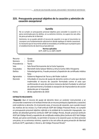 405
AUTOS DE CALIFICACIÓN, QUEJAS, APELACIONES Y REVISIÓN DE SENTENCIAS
225.	 Presupuesto procesal objetivo de la casación y admisión de
casación excepcional
Sumilla
No se cumple un presupuesto procesal objetivo para conceder la casación si la
pena conminada para los delitos, en su extremo mínimo, no supera los seis años
de pena privativa de la libertad.
Asimismo, no se puede admitir el recurso de casación si es que el recurrente no
incorpora una fundamentación adicional en donde explique el interés casacional.
Es necesario que el recurrente señale la necesidad y el sentido que se propone para
el establecimiento de doctrina jurisprudencial.
Normas aplicables
427º, 429º.3 y 4, 430º.3 NCPP
Recurso 	 :	 Queja
Número	 :	53-2010
Procedencia	:	 Tacna
Sala	 :	 Sala Penal Permanente de la Corte Suprema
Imputados	 :	 Marieleth Zoila Salazar Molina y Arturo Carlos Véliz Vilcapoma
Delitos 	 :	 Falsedad genérica, Fraude procesal y Expedición de certificado médico
falso
Agraviados 	 : 	 Gobierno Regional de Tacna y del Poder Judicial
Decisión	 :	 Infundado el recurso de queja de derecho contra el auto que declaró
inadmisible el recurso de casación formulado contra el auto que
confirmando el auto de primera instancia declaró fundado la solicitud
de sobreseimiento y fundada la excepción de improcedencia de acción
deducida por el imputado
Fecha 	 :	 30 de septiembre de 2010
EXTRACTO RELEVANTE:
“Segundo: Que el recurso de queja de derecho tiene un carácter instrumental, y se
circunscribe a examinar si el rechazo liminar de un recurso jerárquico (apelación y casación)
está conforme a derecho. En el presente caso, el recurso de casación, aun cuando invocó
los motivos de los incisos 3 y 4 del artículo 429º del Código Procesal Penal, no cumplió
en presupuesto procesal objetivo referido a la entidad de la resolución impugnada. Los
delitos de falsedad genérica (artículo 438º del Código Penal), fraude procesal (artículo
416º del Código Penal) y expedición de certificado médico falso (artículo 421º del Código
Penal), por pena conminada, no permiten el acceso a la casación pues no tiene prevista
una pena, en su extremos mínimo, superior a los seis años de pena privación de libertad
(artículo 427º, apartado 2, literal a, del Código Procesal Penal).”
 