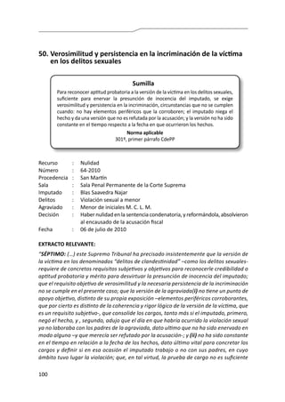 100
50.	Verosimilitud y persistencia en la incriminación de la víctima
en los delitos sexuales
Sumilla
Para reconocer aptitud probatoria a la versión de la víctima en los delitos sexuales,
suficiente para enervar la presunción de inocencia del imputado, se exige
verosimilitud y persistencia en la incriminación, circunstancias que no se cumplen
cuando: no hay elementos periféricos que la corroboren; el imputado niega el
hecho y da una versión que no es refutada por la acusación; y la versión no ha sido
constante en el tiempo respecto a la fecha en que ocurrieron los hechos.
Norma aplicable
301º, primer párrafo CdePP
Recurso 	 :	 Nulidad
Número	 :	64-2010
Procedencia	 :	 San Martín
Sala	 :	 Sala Penal Permanente de la Corte Suprema
Imputado	 :	 Blas Saavedra Najar
Delitos	 :	 Violación sexual a menor
Agraviado	 :	 Menor de iniciales M. C. L. M.
Decisión 	 :	 Haber nulidad en la sentencia condenatoria, y reformándola, absolvieron
al encausado de la acusación fiscal
Fecha	 :	 06 de julio de 2010
EXTRACTO RELEVANTE:
“SÉPTIMO: (…) este Supremo Tribunal ha precisado insistentemente que la versión de
la víctima en los denominados “delitos de clandestinidad” –como los delitos sexuales-
requiere de concretos requisitos subjetivos y objetivos para reconocerle credibilidad o
aptitud probatoria y mérito para desvirtuar la presunción de inocencia del imputado;
que el requisito objetivo de verosimilitud y la necesaria persistencia de la incriminación
no se cumple en el presente caso; que la versión de la agraviada(i) no tiene un punto de
apoyo objetivo, distinto de su propia exposición –elementos periféricos corroborantes,
que por cierto es distinto de la coherencia y rigor lógico de la versión de la víctima, que
es un requisito subjetivo-, que consolide los cargos, tanto más si el imputado, primero,
negó el hecho, y , segundo, adujo que el día en que habría ocurrido la violación sexual
ya no laboraba con los padres de la agraviada, dato ultimo que no ha sido enervado en
modo alguno –y que merecía ser refutado por la acusación-; y (ii) no ha sido constante
en el tiempo en relación a la fecha de los hechos, dato último vital para concretar los
cargos y definir si en esa ocasión el imputado trabajo o no con sus padres, en cuyo
ámbito tuvo lugar la violación; que, en tal virtud, la prueba de cargo no es suficiente
 
