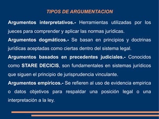 TIPOS DE ARGUMENTACION
Argumentos interpretativos.- Herramientas utilizadas por los
jueces para comprender y aplicar las normas jurídicas.
Argumentos dogmáticos.- Se basan en principios y doctrinas
jurídicas aceptadas como ciertas dentro del sistema legal.
Argumentos basados en precedentes judiciales.- Conocidos
como STARE DECICIS, son fundamentales en sistemas jurídicos
que siguen el principio de jurisprudencia vinculante.
Argumentos empíricos.- Se refieren al uso de evidencia empirica
o datos objetivos para respaldar una posición legal o una
interpretación a la ley.
 