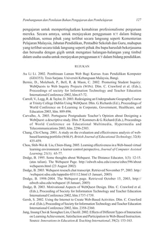 Pembangunan dan Penilaian Bahan Pengajaran dan Pembelajaran                           127

pengajaran untuk mempertingkatkan kemahiran profesionalisme perguruan
mereka. Secara amnya, untuk menjayakan penggunaan ICT dalam bidang
pendidikan, semua pihak yang terlibat secara langsung seperti Kementerian
Pelajaran Malaysia, Jabatan Pendidikan, Pentadbir Sekolah dan Guru, mahupun
yang terlibat secara tidak langsung seperti pihak ibu bapa haruslah bekerjasama
dan berusaha dengan gigih untuk mengatasi halangan-halangan yang timbul
dalam usaha-usaha untuk menjayakan penggunaan ICT dalam bidang pendidikan.

                                       RUJUKAN

Au Li Li. 2002. Pembinaan Laman Web Bagi Kursus Asas Pendidikan Komputer
     (GE6353). Tesis Sarjana. Universiti Kebangsaan Malaysia, Bangi.
Bernie, D., Molebash, P., Bell, R. & Maon, C. 2002. Promoting Student Inquiry:
     WebQuests to Web Inquiry Projects (WIPs). Dlm. C. Crawford et al. (Eds.),
     Proceedings of society for Information Technology and Teacher Education
     International Conference 2002, hlm.67-72.
Carroll, V., Legg, R. & Taylor, D. 2003. Redesigning an Undergraduate Geography Course
     at Trinity College Dublin Using WebQuest. Dlm. G. Richards (Ed.), Proceedings of
     World Conference on E-Learning in Corporate, Government, Healthcare, and
     Education 2003, hlm. 889-896.
Carvalho, A. 2003. Portuguese Postgraduate Teacher’s Opinion about Designing a
     WebQuest: a descriptive study. Dlm. P. Kommers & G. Richard (Eds.), Proceedings
     of World Conference on Educational Multimedia, Hypermedia and
     Telecommunications 2003, hlm. 2296-2303.
Chang, Chi-Cheng. 2001. A study on the evaluation and effectiveness analysis of web-
     based learning portfolio (WBLP). British Journal of Educational Technology; 32(4):
     435-459.
Chou, Shih-Wei & Liu, Chien-Hung. 2005. Learning effectiveness in a Web-based virtual
     learning environment: a learner control perspective. Journal of Computer Assisted
     Learning; 21(1): 65-77.
Dodge, B. 1995. Some thoughts about Webquest. The Distance Educator, 1(3): 12-15.
     (atas talian). The Webquest Page. http://edweb.sdsu.edu/course/edtec596/about
     webquests.html (23 August 2002)
Dodge, B. 2003. Webquest reseach chat transcript. Retrieved November 5th, 2003. http:/
     /webquest.sdsu.edu/tappedin-031112.html (5 Januari, 2005)
Dodge, B. 1998-2004. The Webquest page. Retrieved October 15, 2003, http://
     edweb.sdsu.edu/webquest/ (8 Januari, 2005)
Dodge, B. 2003. Motivational Aspects of WebQuest Design. Dlm. C. Crawford et al.
     (Eds.), Proceeding of Society for Information Technology and Teacher Education
     International Conference 2002, hlm.1737-1739.
Gersh, S. 2002. Using the Internet to Create Web-Based Activities. Dlm. C. Crawford
     et al. (Eds.), Proceeding of Society for Information Technology and Teacher Education
     International Conference 2002, hlm. 2358-2360.
Jung, Insung Choi & Seonghee Lim, Cheolil. 2002. Effects of Different Types of Interaction
     on Learning Achievement, Satisfaction and Participation in Web-Based Instruction.
     Source: Innovations in Education & Teaching International; 39(2): 153-163.
 