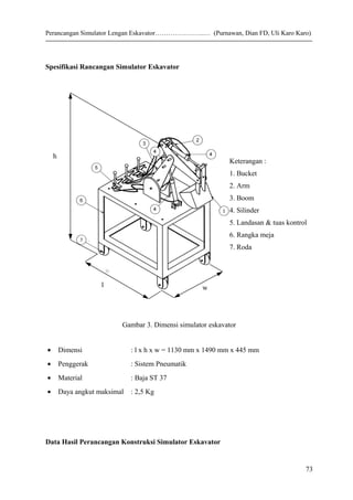 Perancangan Simulator Lengan Eskavator…………………..… (Purnawan, Dian FD, Uli Karo Karo)
Spesifikasi Rancangan Simulator Eskavator
Gambar 3. Dimensi simulator eskavator
• Dimensi : l x h x w = 1130 mm x 1490 mm x 445 mm
• Penggerak : Sistem Pneumatik
• Material : Baja ST 37
• Daya angkut maksimal : 2,5 Kg
Data Hasil Perancangan Konstruksi Simulator Eskavator
73
Keterangan :
1. Bucket
2. Arm
3. Boom
4. Silinder
5. Landasan & tuas kontrol
6. Rangka meja
7. Roda
h
l w
 