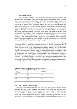 24
3.2.2 Esterification Process
Proses esterifikasi dilakukan dengan mencampurkan minyak kelapa, minyak jelantah dan
metanol dengan menggunakan katalis asam (H2SO4). Adapun perbandingan volume campuran
minyak kelapa dan minyak jelantah sebanyak 200 mL dari perbandingan variasi mixed minyak,
sedangkan jumlah katalis yang digunakan 0,5% dari volume campuran minyak kelapa dan minyak
jelantah 200 mL dengan variasi penambahan metanol 38% untuk mixed minyak jelantah dan
kelapa 100MJ:0MK dan 30% untuk 75MJ:2MK. Kemudian mixed minyak dimasukkan ke dalam
labu leher tiga yang berisi magnetic strirrer dan dicampurkan dengan campuran metanol dan
H2SO4 dan dilakukan pemanasan pada suhu 650C dan pengadukan 400 rpm dengan waktu 90
menit untuk perbandingan minyak jelantah dan minyak kelapa 100MJ:0MK dan 60 menit untuk
mixed minyak 75MJ:25MK dan kondisi operasi dijaga agar tidak melebihi suhu 650C. Setelah itu,
dilakukan proses dekantasi dengan separator funnel selama 60 menit dan langsung diambil sampel
sebanyak 3 gram untuk mengetahui %FFA yang baru. Setelah 60 menit, minyak dipisahkan
dengan gliserol yang dihasilkan dan volume fase atas dan tengah (phospholipid) dicatat. Hal yang
sama juga dilakukan pada komposisi mixed minyak sebagai berikut:
Esterification process is mixing coconut oil , waste cooking oil and methanol using
acid catalyst (H2SO4). The volume ratio mixture of coconut oil and used cooking oil as much as
200 ml of mixing oil of variation ratio, catalyst used 0.5 % of the volume of a mixture of coconut
oil and waste cooking oil 200 mL with the addition of methanol variation is 38 % for mixed waste
cooking oil and coconut oil 100MJ : 0MK and 30 % for 75MJ : 25MK . Then oil mixture put in a
three-neck flask containing a magnetic strirrer and mixed with a mixture of methanol and H2SO4
and performed heating at a temperature of 650C and stirring 400 rpm with a time of 90 minutes for
the comparison of used cooking oil and coconut oil 100MJ : 0MK and 60 minutes for mixed oil
75MJ : 25MK and operating conditions maintained in order not to exceed a temperature of 650C .
Thereafter , decantation process is carried out with a separator funnel for 60 minutes and
immediately taken a sample of 3 grams to determine the new %FFA . After 60 minutes , the oil
separated by glycerol produced and the volume of the upper and middle phases ( phospholipid )
were recorded. The same was done on the composition of the oil mixed as follows :
Tabel 3.1 Treatment of oil mixture esterification process
Oil mixture
(MJ:MK)
Methanol (% ) reaction time
(minute)
50:50 28 60
25:75 19 60
3.2.3 The Process of transesterfication
Pada proses trasesterifikasi dilakukan pada sebuah labu leher tiga pada suhu 650C dengan
perputaran 400 rpm. Awalnya, campuran minyak yang ada di bagian atas separator funnel
dimasukkan ke dalam labu leher tiga. Adapun pada proses transesterfikasi ini dilakukan dengan
katalis basa KOH yang ditimbang 0,9% dari 200mL dan variasi metanol dan waktu ditentukan
seperti pada tabel 3.2. Campuran KOH dengan metanol di masukkan ke dalam labu leher tiga
sebanyak 75% dari 200 mL pada step 1. Lalu dipanaskan sambil diaduk dengan magnetic stirrer
 