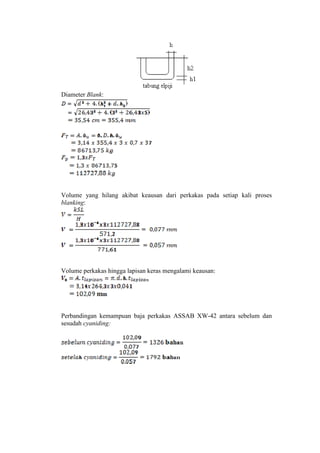 Diameter Blank:




Volume yang hilang akibat keausan dari perkakas pada setiap kali proses
blanking:




Volume perkakas hingga lapisan keras mengalami keausan:




Perbandingan kemampuan baja perkakas ASSAB XW-42 antara sebelum dan
sesudah cyaniding:
 