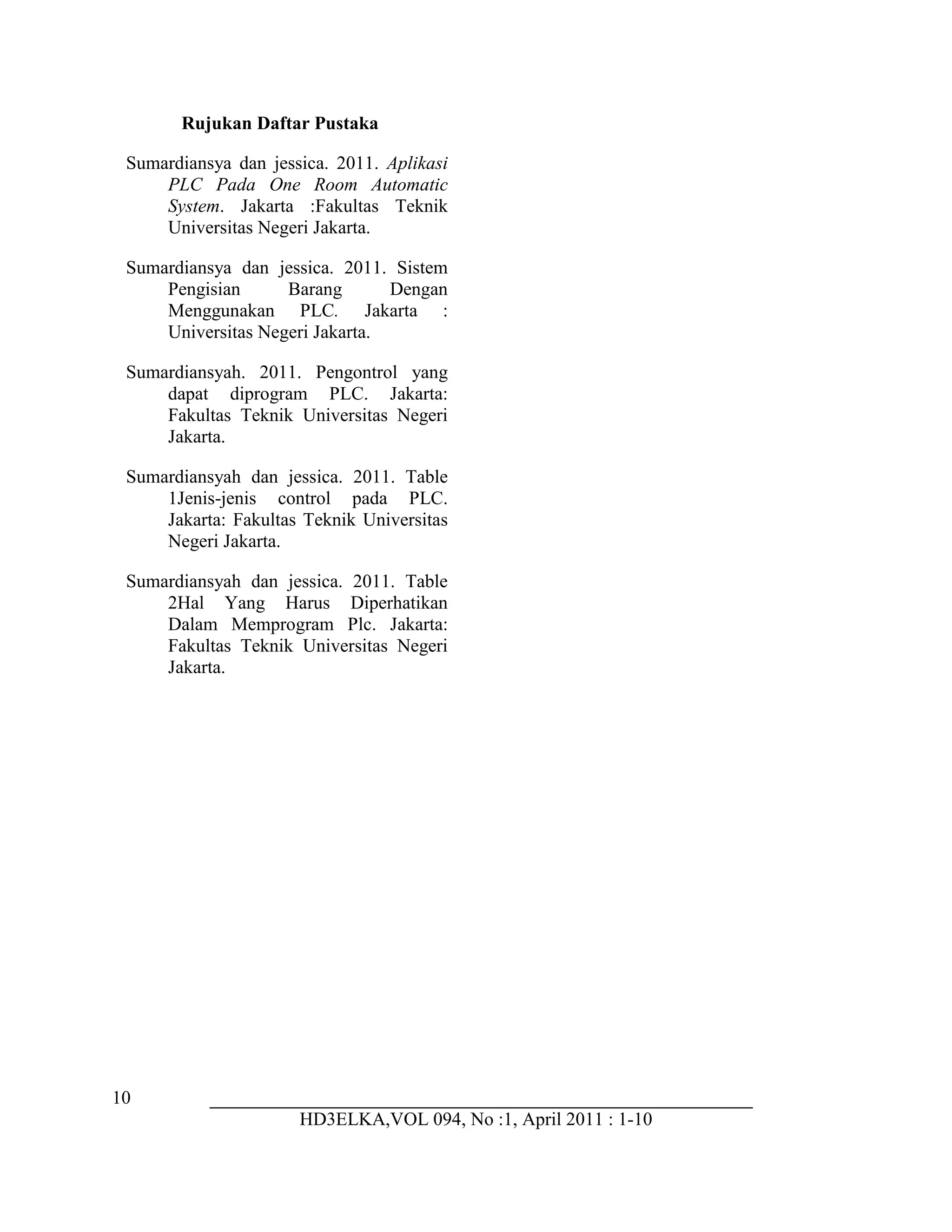 10
HD3ELKA,VOL 094, No :1, April 2011 : 1-10
Rujukan Daftar Pustaka
Sumardiansya dan jessica. 2011. Aplikasi
PLC Pada One Room Automatic
System. Jakarta :Fakultas Teknik
Universitas Negeri Jakarta.
Sumardiansya dan jessica. 2011. Sistem
Pengisian Barang Dengan
Menggunakan PLC. Jakarta :
Universitas Negeri Jakarta.
Sumardiansyah. 2011. Pengontrol yang
dapat diprogram PLC. Jakarta:
Fakultas Teknik Universitas Negeri
Jakarta.
Sumardiansyah dan jessica. 2011. Table
1Jenis-jenis control pada PLC.
Jakarta: Fakultas Teknik Universitas
Negeri Jakarta.
Sumardiansyah dan jessica. 2011. Table
2Hal Yang Harus Diperhatikan
Dalam Memprogram Plc. Jakarta:
Fakultas Teknik Universitas Negeri
Jakarta.
 