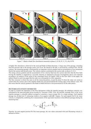 6
W (m /s)
20
17
13
10
7
3
0
Plane I
W (m /s)
20
17
13
10
7
3
0
Plane II
W (m /s)
20
17
13
10
7
3
0
Plane III
W (m /s)
20
17
13
10
7
3
0
Plane IV
W (m /s)
20
17
13
10
7
3
0
Plane V
W (m /s)
20
17
13
10
7
3
0
Plane VI
Figure 7 : Blade to blade flow distribution measured at planes I, II, III, IV, V, VI, r/R2=0.978
A highly flow distortion is observed in the axial and blade-to-blade directions. A large area of the passage, extending
from the pressure side to the passage centre and from the shroud to the hub, is traversed by a uniform flow. On the
contrary, the remaining passage is dominated by an important velocity gradient and an accumulation of low momentum
fluid in the suction side/shroud corner. The velocity reaches a minimum at the suction side, at about z/b=0.4.
The strong velocity gradient and the accumulation of low velocity fluid near the suction side show that the flow field
leaving the impeller is organized as a jet-wake structure as reported by previous investigations and as was expected
according to an analysis of the action of the centrifugal forces (El Hajem 1998) on the flow field. In this paper, the
authors found in a previous paper that the wake core corresponds to a flow separation.
The flow structure is almost the same at all the measuring planes, except the plane II where the wake core seems to
vanish when the suction side of the impeller blades has just passed behind the trailing edge of the diffuser vanes. We
also notice that the velocity gradient in the blade-to-blade direction is less pronounced as for the other planes.
III.4 TURBULENCE INTESITY DISTRIBUTION
In order to evaluate the importance of the flow fluctuations within the impeller passages, the turbulence intensity was
calculated by the same procedure given recently by Toussaint (1998). First, the periodic unsteady flow in the seven
impeller passages is ensemble (phase) averaged to constitute a mean average flow in a single passage. Each impeller
passage was divided into 51 measuring windows of an angular width ∆θ=1 degree. For each angular bin θ, the mean
velocity is computed by combining the n measurements of the equivalent locations in the different passages during the
measuring time :
n
C
dtCC
M
tMM
ni
i θ
θ
θ
θ
θ
θθ
)(
),()(
1
2
2
1
=
=
Σ
∫
∆
+
∆
−
≈
∆
=
Therefor, for each angular position θ of the mean passage, the rms values associated with each fluctuating velocity is
defined as follow :
Ω
 