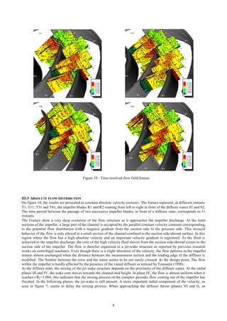 8
C
17.8367
15.5102
12.4082
9.30612
6.97959
4.65306
2.32653
0
T 1
R 1
R 2
S 2
S 1
I
I I
I II
IV
V
VI
VII
C
17.8367
15.5102
12.4082
9.30612
6.97959
4.65306
2.32653
0
T 11
R 1
R 2
S 2
S 1
I
I I
I II
IV
V
VI
VII
C
17.8367
15.5102
12.4082
9.30612
6.97959
4.65306
2.32653
0
T 31
R 1
R 2
S 2
S 1
I
I I
I II
IV
V
VI
VII
C
17.8367
15.5102
12.4082
9.30612
6.97959
4.65306
2.32653
0
T 41
R 1
R 2
S 2
S 1
I
I I
I II
IV
V
VI
VII
Figure 10 : Time resolved flow field frames
III.5 ABSOLUTE FLOW DISTRIBUTION
On figure 10, the results are presented as constant absolute velocity contours. The frames represent, at different instants
T1, T11, T31 and T41, the impeller blades R1 and R2 rotating from left to right in front of the diffuser vanes S1 and S2.
The time period between the passage of two successive impeller blades, in front of a diffuser vane, corresponds to 51
instants.
The Frames show a very deep evolution of the flow structure as it approaches the impeller discharge. At the inner
sections of the impeller, a large part of the channel is occupied by the parallel constant velocity contours corresponding,
to the potential flow distribution with a negative gradient from the suction side to the pressure side. This inviscid
behavior of the flow is only altered in a small section of the channel confined to the suction side/shroud surface. In this
region where the flow has a high absolute velocity and an important velocity gradient is registered. As the fluid is
achieved to the impeller discharge, the core of the high velocity fluid moves from the suction side/shroud corner to the
suction side of the impeller. The flow is therefor organized in a jet-wake structure as reported by previous research
works on centrifugal machines. Even though there is a slight alteration of the velocity, the flow patterns in the impeller
remain almost unchanged when the distance between the measurement section and the leading edge of the diffuser is
modified. The frontier between the rotor and the stator seems to be not easily crossed. At the design point, The flow
within the impeller is hardly affected by the presence of the vaned diffuser as noticed by Toussaint (1998).
At the diffuser inlet, the mixing of the jet-wake structure depends on the proximity of the diffuser vanes. At the radial
planes III and IV, the wake core moves towards the channel mid height. In plane IV, the flow is almost uniform when it
reaches r/R2=1.084, this indicates that the mixing process of the complex periodic flow coming out of the impeller has
finished. In the following planes, the jet-wake is still present. A more important radial component of the velocity, as
seen in figure 7, seems to delay the mixing process. When approaching the diffuser throat (planes VI and I), an
 