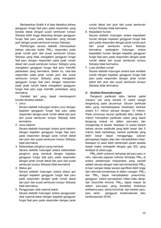 Berdasarkan Grafik 4 di atas diketahui bahwa
gangguan fungsi faal paru pada responden yang
berada dekat dengan pusat semburan lumpur
Sidoarjo lebih tinggi dibanding dengan gangguan
fungsi faal paru pada responden yang berada
jauh dengan pusat semburan lumpur Sidoarjo.
Perhitungan secara statistik menunjukkan
bahwa rata-rata kadar PM2,5 responden pada
jarak rumah jauh dari pusat semburan lumpur
Sidoarjo yang tidak mengalami gangguan fungsi
faal paru dengan responden pada jarak rumah
dekat dari pusat semburan lumpur Sidoarjo yang
mengalami gangguan fungsi faal paru memiliki
perbedaan yang bermakna. Selain itu, rata-rata
responden pada jarak rumah jauh dari pusat
semburan lumpur Sidoarjo yang mengalami
gangguan fungsi faal paru dengan responden
pada jarak rumah dekat mengalami gangguan
fungsi faal paru juga memiliki perbedaan yang
bermakna.
Variabel lain yang dapat memengaruhi
kondisi tersebut adalah :
1. Umur
Secara statistik hubungan antara umur dengan
kejadian gangguan fungsi faal paru pada
responden dengan jarak rumah dekat dan jauh
dari pusat semburan lumpur Sidoarjo tidak
bermakna.
2. Jenis kelamin
Secara statistik hubungan antara jenis kelamin
dengan kejadian gangguan fungsi faal paru
pada responden dengan jarak rumah dekat
dan jauh dari pusat semburan lumpur Sidoarjo
tidak bermakna.
3. Keberadaan penghuni yang merokok
Secara statistik hubungan antara keberadaan
penghuni yang merokok dengan kejadian
gangguan fungsi faal paru pada responden
dengan jarak rumah dekat dan jauh dari pusat
semburan lumpur Sidoarjo tidak bermakna.
4. Status gizi
Secara statistik hubungan antara status gizi
dengan kejadian gangguan fungsi faal paru
pada responden dengan jarak rumah dekat
dan jauh dari pusat semburan lumpur Sidoarjo
tidak bermakna.
5. Penggunaan obat nyamuk bakar
Secara statistik hubungan antara penggunaan
obat nyamuk bakar dengan kejadian gangguan
fungsi faal paru pada responden dengan jarak

rumah dekat dan jauh dari pusat semburan
lumpur Sidoarjo tidak bermakna.
6. Kepadatan hunian
Secara statistik hubungan antara kepadatan
hunian dengan kejadian gangguan fungsi faal
paru pada responden dengan jarak rumah jauh
dari pusat semburan lumpur Sidoarjo
bermakna, sedangkan hubungan antara
kepadatan hunian dengan kejadian gangguan
fungsi faal paru pada responden dengan jarak
rumah dekat dari pusat semburan lumpur
Sidoarjo tidak bermakna.
7. Luas ventilasi rumah
Secara statistik hubungan antara luas ventilasi
rumah dengan kejadian gangguan fungsi faal
paru pada responden dengan jarak rumah
dekat dan jauh dari pusat semburan lumpur
Sidoarjo tidak bermakna.
d. Analisis Kecenderungan
Pengaruh partikulat debu bentuk padat
maupun cair yang berada di udara sangat
bergantung pada ukurannya. Ukuran partikulat
debu yang membahayakan kesehatan berkisar
antara 0,1 mikron sampai dengan 10 mikron.
Pada umumnya ukuran partikulat debu sekitar 5
mikron merupakan partikulat udara yang dapat
langsung masuk ke dalam paru-paru dan
mengendap di alveoli. Keadaan ini bukan berarti
bahwa ukuran partikulat yang lebih besar dari 5
mikron tidak berbahaya, karena partikulat yang
lebih
besar
dapat
mengganggu
saluran
pernapasan bagian atas dan menyebabkan iritasi.
Keadaan ini akan lebih bertambah parah apabila
terjadi reaksi sinergistik dengan gas SO2 yang
terdapat di udara juga.
PM2,5 lebih cytotoxic terhadap sel paru-paru in
vitro, rata-rata pajanan individu terhadap PM10 di
antara sekelompok masyarakat yang sensitif
adalah serupa dengan rata-rata konsentrasi PM2,5
di luar ruangan tetapi secara signifikan lebih tinggi
dari rata-rata konsentrasi di dalam ruangan. PM2,5
dan PM10 dapat menyebabkan pneumonia,
gangguan sistem pernapasan, iritasi mata, alergi,
dan bronchitis khronis. PM2,5 dapat masuk ke
dalam paru-paru yang berakibat timbulnya
emfisema paru, asma bronchial, dan kanker paruparu serta
gangguan kardiovaskular atau
kardiovascular (KVS).

15

 