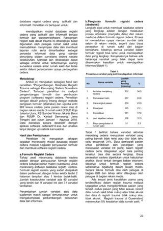 database registri cedera yang aplikatif dan
informatif. Penelitian ini bertujuan untuk
mendapatkan model database registri
cedera yang aplikatif dan informatif berupa
formulir dan program/software. Rancangan
registri data dasar trauma ini diharapkan dapat
digunakan oleh petugas rumah sakit untuk
memudahkan menyimpan data dan membuat
laporan rutin serta dimanfaatkan sebagai
penyedia informasi data yang standar
penunjang sistem surveilans cedera secara
keseluruhan. Manfaat lain diharapkan dapat
sebagai embrio untuk terbentuknya jejaring
surveilans cedera antar rumah sakit dan lintas
sektor dalam perencanaan upaya pencegahan
cedera.
Metodologi
Artikel ini merupakan sebagian hasil dari
penelitian ―Pengembangan Database Registri
Trauma sebagai Penunjang Sistem Surveilans
Cedera‖. Tahapan penelitian ini meliputi
pengembangan formulir dan pembuatan
program (software) registri cedera. Penelitian
dengan desain potong lintang dengan metode
pengisian formulir (abstraksi) dan ujicoba entri
962 kasus cedera pada pasien rawat inap di
bagian rekam medis 3 rumah sakit (RSUD Koja
Jakarta Utara, RS Sumber Waras Jakarta Barat
dan RSUP Dr. Kariadi Semarang, Jawa
Tengah) dari bulan Januari – Agustus 2010.
Data dianalisis secara deskriptif dengan
aplikasi software cedera2010.exe dan analisis
lanjut dengan uji statistik kai kuadrat.
Hasil dan Pembahasan
Penelitian
ini
merupakan
tahapan
kegiatan merancang model database registri
cedera meliputi kegiatan penyusunan formulir
dan membuat software registri cedera.
a.Formulir Registri Cedera
Tahap awal merancang database cedera
adalah dengan penyusunan formulir registri
cedera sebagai bahan materi (substansi) untuk
merancang software database registri cedera.
Formulir registri cedera yang sudah disepakati
dalam pertemuan dengan lintas sektor terdiri 2
halaman tampilan atau 1 lembar bolak-balik.
Jumlah keseluruhan variabel ada 40 variabel
yang terdiri dari 9 variabel inti dan 31 variabel
tambahan.
Penambahan jumlah variabel atau data
suplemen masih sangat dimungkinkan untuk
mengakomodasi perkembangan kebutuhan
data dan informasi.

b.Pengisian
formulir
registri
cedera
(abstraksi)
Langkah awal untuk membuat database cedera
yang lengkap adalah dengan melakukan
proses abstraksi (menyalin data) dari rekam
medis ke dalam formulir registri cedera. Proses
ini memerlukan upaya mencari sumber data
selain di rekam medis, seperti data biaya
perawatan di rumah sakit dari bagian
bendahara. Idealnya semua variabel dalam
formulir registri bisa terisi untuk mendapatkan
data yang lengkap. Kenyataannya bahwa ada
beberapa variabel yang tidak dapat terisi
dikarenakan kesulitan untuk mendapatkan
informasi (tabel 1).
Tabel 1.
Prosentase variabel yang sulit mendapatkan informasi

No.

Nama variable

Jumlah
yang
kosong
(missing)

%

1.

Aktivitas menjelang
cedera

332

34,5

2.

Pemakaian helm

237

24,6

3.

Cara angkut pasien

230

23,9

4.

Pekerjaan

225

23,1

5.

Pendidikan

171

17,8

6.

Jam kejadian cedera

118

12,3

7.

Biaya pengobatan di
rumah sakit

51

5,3

Tabel 1 terlihat bahwa variabel aktivitas
menjelang cedera merupakan variabel yang
paling banyak tidak terisi atau diisi tidak tahu
yaitu sebanyak 34%. Data demografi pasien
untuk pendidikan dan pekerjaan yang
merupakan variabel inti (core) dalam registri
cedera perlu ditegaskan agar data penting
tersebut bisa diisi secara lengkap. Biaya
perawatan cedera diperlukan untuk kebutuhan
analisis biaya terkait dengan beban ekonomi.
Idealnya untuk formulir registri cedera
seharusnya digabung dalam rekam medis.
Secara teknis formulir diisi oleh petugas di
bagian IGD dan tahap akhir dilengkapi oleh
petugas di bagian rekam medis.
Ada empat jenis kesalahan utama yang
teridentifikasi dalam registri trauma meliputi
kegagalan untuk mengidentifikasi pasien yang
terkait, inklusi pasien yang tidak sesuai, record
data rumah sakit tidak cukup atau tidak akurat
dan data di registri trauma tidak cukup atau
tidak akurat. Registri trauma di Queensland
10
menemukan 5% kesalahan data rumah sakit.

23

 