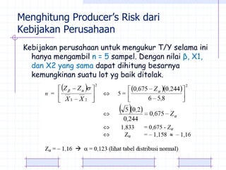 Menghitung Producer’s Risk dari
Kebijakan Perusahaan
 Kebijakan perusahaan untuk mengukur T/Y selama ini
   hanya mengambil n = 5 sampel. Dengan nilai β, X1,
   dan X2 yang sama dapat dihitung besarnya
   kemungkinan suatu lot yg baik ditolak.
 