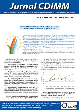 Jurnal CDIMM
   Buletin informativ lunar, gratuit, destinat mediului de afaceri. Editat de Fundaţia CDIMM Maramureş


                                                          Anul XVIII, Nr. 10/ Octombrie 2012



                           SĂPTĂMÂNA EUROPEANĂ A IMM-urilor 2012
                               Stimularea redresării în prim plan



                                    Cu ocazia Săptămânii europene a IMM-urilor 2012, care s-a desfășurat în perioada
                                15 - 21 octombrie 2012, Comisia Europeană a publicat rezultatele Raportului pentru
                                2012 privind analiza performanțelor IMM‑urilor, împreună cu fișele informative care pre-
                                zintă progresele înregistrate de IMM-uri în toate statele membre ale UE.
                                   Cele 20,7 milioane de IMM-uri reprezintă peste 98% din totalul întreprinderilor eu-
                                ropene și angajează peste 87 de milioane de persoane.
                                   Cea mai mare parte a IMM‑urilor (92,2%) este reprezentată de microîntreprinderi,
                                care numără mai puțin de zece angajați.
                                   Se estimează că IMM-urile reprezintă 67% din totalul locurilor de muncă și 58% din
                                valoarea adăugată brută (VAB)*.
                                    *
                                     Valoarea adăugată brută (VAB) include amortizarea și remunerația muncii, a capitalului și a
                                riscului antreprenorial. VAB este ceea ce rămâne după ce costurile intermediare sunt deduse din
                                vânzări sau din cifra de afaceri.




      Până în prezent, IMM-urile s-au redresat în între-             - Accesul IMM-urilor la finanțare s-a deteriorat
   gime doar în foarte puține țări. Raportul cuprinde             în ultimele luni în majoritatea statelor membre, un
   următoarele constatări:                                        număr semnificativ al acestora neobținând împru-
                                                                  muturile solicitate de la bănci.
      - Economiile în creștere, a căror cerere
   este în creștere sau cel puțin stabilizată, aju-                  - Există dovezi conform cărora mediul de afa-
   tă IMM-urile să își mențină sau chiar să își dezvolte          ceri continuă să varieze în mod semnificativ de la
   activitatea.                                                   un stat membru la altul.

      - Creșterea valorii adăugate reale este un
   rezultat al creșterii combinate a ocupării forței de
   muncă și a productivității reale, contribuția primului
   factor fiind în mod evident, dominantă.
       - O economie puternică în ceea ce privește
   industria producătoare de tehnologie înaltă
   și medie și serviciile bazate pe utilizarea in-
   tensivă a cunoașterii, reprezintă un factor po-
   zitiv.
      - Reducerea ocupării forței de muncă în ca-
   drul IMM-urilor din statele membre care prezin-
   tă caracteristicile de mai sus a fost mult mai mo-
   destă decât în IMM-urile din celelalte state membre.              Grafic: Numărul IMM-urilor, ocuparea forței de
                                                                  muncă în IMM-uri și valoarea adăugată a IMM-uri-
                                                                  lor (2005 = 100), media la nivel UE
     În plus, o serie de factori ciclici și structurali
   au impact asupra performanțelor IMM-urilor:                       Notă: cifrele pentru anii 2011 și 2012 reprezintă estimări.



FUNDAŢIA Centrul pentru Dezvoltarea Întreprinderilor Mici şi Mijlocii MARAMUREŞ
Bd. Traian 9/16, 430211 Baia Mare; tel/fax: 0262-224.870, 222.409, 221.380;
e-mail: cdimm@cdimm.org; http://www.cdimm.org/
 