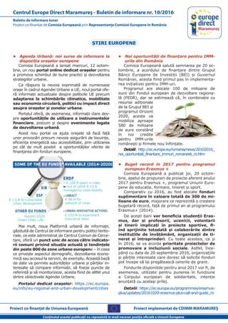Proiect co-finanţat de Uniunea Europeană
Conţinutul acestei publicaţii nu reprezintă în mod necesar poziţia oficială a Uniunii Europene
Buletin de informare lunar
Proiect co-finanţat de Comisia Europeană prin Reprezentanţa Comisiei Europene în România
Centrul Europe Direct Maramureş - Buletin de informare nr. 10/2016
Proiect implementat de CDIMM MARAMUREŞ
•	 Agenda Urbană: noi surse de informare la
dispoziția orașelor europene
Comisia Europeană a lansat miercuri, 12 octom-
brie, un nou portal online dedicat orașelor pentru
a promova schimbul de bune practici și dezvoltarea
strategiilor urbane.
Ca răspuns la nevoia exprimată de numeroase
orașe în cadrul Agendei Urbane a UE, noul portal ofe-
ră informații actualizate despre politicile UE precum
adaptarea la schimbările climatice, mobilitate
sau economia circulară, politici cu impact direct
asupra orașelor și zonelor urbane.
Portalul oferă, de asemenea, informații clare des-
pre oportunitățile de utilizare a instrumentelor
financiare, precum și despre evenimente legate
de dezvoltarea urbană.
Acest nou portal va ajuta orașele să facă față
unor provocări precum nevoia asigurării de locuințe,
eficiența energetică sau accesibilitate, prin utilizarea
pe cât de mult posibil a oportunităților oferite de
finanțarea din fonduri europene.
Mai mult, noua Platformă urbană de informații,
găzduită de Centrul de informare pentru politici terito-
riale, ce este administrat de Centrul Comun de Cerce-
tare, oferă un punct unic de acces către indicato-
rii comuni privind situația actuală și tendințele
din peste 800 de zone urbane europene – în ceea
ce privește aspectul demografic, dezvoltarea econo-
mică sau accesul la servicii, de exemplu. Această bază
de date va permite autorităților urbane și părților in-
teresate să compare informații, să fixeze puncte de
referință și să monitorizeze, acesta fiind de altfel unul
dintre obiectivele Agendei Urbane.
Portalul dedicat orașelor: https://ec.europa.
eu/info/eu-regional-and-urban-development/cities
•	 Noi oportunități de finanțare pentru IMM-
urile din România
Comisia Europeană salută semnarea pe 20 oc-
tombrie, a acordului de finanțare dintre Grupul
Băncii Europene de Investiții (BEI) și Guvernul
României, acesta fiind primul pas în implementa-
rea inițiativei pentru IMM-uri.
Programul are alocate 100 de milioane de
euro din Fondul european de dezvoltare regiona-
lă (FEDR), dar se estimează că, în combinație cu
resurse adiționale
de la Grupul BEI și
programul Orizont
2020, acesta va
mobiliza aproape
580 de milioane
de euro constând
în noi credite
pentru IMM-urile
românești și firmele nou înființate.
Detalii: http://ec.europa.eu/romania/news/20102016_
noi_oportunitati_finantare_immuri_romanesti_ro.htm
•	 Buget record în 2017 pentru programul
european Erasmus +
Comisia Europeană a publicat joi, 20 octom-
brie, apelul de propuneri de proiecte aferent anului
2017 pentru Erasmus +, programul Uniunii Euro-
pene de educație, formare, tineret și sport.
Comparativ cu 2016, au fost alocate fonduri
suplimentare în valoare totală de 300 de mi-
lioane de euro, majorare ce reprezintă o creștere
bugetară record, față de primul an al programului
Erasmus+ (2014).
De acești bani vor beneficia studenții Eras-
mus, dar și profesorii, ucenicii, voluntarii
și tinerii implicați în proiecte sportive, fi-
ind sprijinite totodată și colaborările dintre
instituțiile de învățământ, organizații de ti-
neret și întreprinderi. Cu toate acestea, ca și
în 2016, se va acorda prioritate proiectelor de
promovare a incluziunii sociale. Astfel, înce-
pând cu data de 20 septembrie 2016, organizațiile
și părțile interesate care doresc să solicite fonduri
pot începe să își pregătească cererile de grant.
Fondurile disponibile pentru anul 2017 vor fi, de
asemenea, utilizate pentru punerea în funcțiune
a Corpului european de solidaritate, intenție
anunțată cu același prilej.
Detalii: https://ec.europa.eu/programmes/erasmus-
plus/updates/20161020-erasmus-plus-call-and-guide_ro
ȘTIRI EUROPENE
 