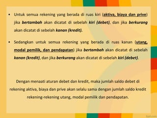 • Untuk semua rekening yang berada di ruas kiri (aktiva, biaya dan prive)
jika bertambah akan dicatat di sebelah kiri (debet), dan jika berkurang
akan dicatat di sebelah kanan (kredit).
• Sedangkan untuk semua rekening yang berada di ruas kanan (utang,
modal pemilik, dan pendapatan) jika bertambah akan dicatat di sebelah
kanan (kredit), dan jika berkurang akan dicatat di sebelah kiri (debet).
Dengan menaati aturan debet dan kredit, maka jumlah saldo debet di
rekening aktiva, biaya dan prive akan selalu sama dengan jumlah saldo kredit
rekening-rekening utang, modal pemilik dan pendapatan.
 