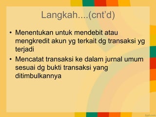 Langkah....(cnt’d)
• Menentukan untuk mendebit atau
mengkredit akun yg terkait dg transaksi yg
terjadi
• Mencatat transaksi ke dalam jurnal umum
sesuai dg bukti transaksi yang
ditimbulkannya
 