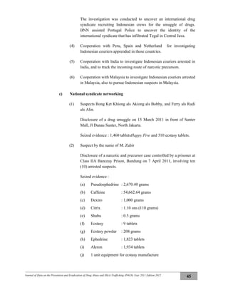 Journal of Data on the Prevention and Eradication of Drug Abuse and Illicit Trafficking (P4GN) Year 2011 Edition 2012
45
The investigation was conducted to uncover an international drug
syndicate recruiting Indonesian crews for the smuggle of drugs.
BNN assisted Portugal Police to uncover the identity of the
international syndicate that has infiltrated Tegal in Central Java.
(4) Cooperation with Peru, Spain and Netherland for investigating
Indonesian couriers apprended in those countries.
(5) Cooperation with India to investigate Indonesian couriers arrested in
India, and to track the incoming route of narcotic precursors.
(6) Cooperation with Malaysia to investigate Indonesian couriers arrested
in Malaysia, also to pursue Indonesian suspects in Malaysia.
c) National syndicate networking
(1) Suspects Bong Ket Khiong als Akiong als Bobby, and Ferry als Rudi
als Alin.
Disclosure of a drug smuggle on 15 March 2011 in front of Sunter
Mall, Jl Danau Sunter, North Jakarta.
Seized evidence : 1,460 tabletsHappy Five and 310 ecstasy tablets.
(2) Suspect by the name of M. Zubir
Disclosure of a narcotic and precursor case controlled by a prisoner at
Class IIA Banceuy Prison, Bandung on 7 April 2011, involving ten
(10) arrested suspects.
Seized evidence :
(a) Pseudoephedrine : 2,670.40 grams
(b) Caffeine : 54,662.64 grams
(c) Dextro : 1,000 grams
(d) Citrix : 1.10 ons (110 grams)
(e) Shabu : 0.5 grams
(f) Ecstasy : 9 tablets
(g) Ecstasy powder : 208 grams
(h) Ephedrine : 1,823 tablets
(i) Aleron : 1,934 tablets
(j) 1 unit equipment for ecstasy manufacture
 