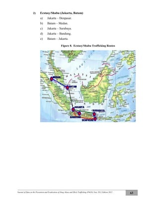 Journal of Data on the Prevention and Eradication of Drug Abuse and Illicit Trafficking (P4GN) Year 2011 Edition 2012
63
2) Ecstasy/Shabu (Jakarta, Batam)
a) Jakarta – Denpasar.
b) Batam – Medan.
c) Jakarta – Surabaya.
d) Jakarta – Bandung.
e) Batam – Jakarta.
Figure 8. Ecstasy/Shabu Trafficking Routes
 