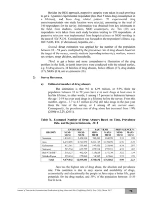 Journal of Data on the Prevention and Eradication of Drug Abuse and Illicit Trafficking (P4GN) Year 2011 Edition 2012
78
Besides the RDS approach, purposive samples were taken in each province
to get a figurative experimental respondent (less than 5 times drug consumption in
a lifetime), and from drug related patients. 20 experimental drug
users/respondentsin one study location were selected, amounting to the total of
340 respondents for the survey. Information was obtained from key informants in
the field, from students, workers, NGO counterparts, etc. Ten (10) sick
respondents were taken from each study location totaling to 170 respondents. A
purposive selection was implemented from hospitals/clinics or NGO working in
the area of HIV/AIDS. Consideration was focused on the respondent’s illness, e.g.
HIV/AIDS, TBC (Tuberculose), hepatitis, etc. .
Second, direct estimation was applied for the number of the population
between 10 – 59 years, multiplied by the prevalence rate of drug abusers based on
the target of the survey, namely students (secondary/university), workers, women
sex sorkers, street children, and households.
Third, to get a better and more comprehensive illustration of the drug
problem in the field, in-depth interviews were conducted with the related parties,
e.g. 34 drug abusers, 34 families of drug abusers, Police officers (17), drug dealers
(17), NGOs (15), and ex-prisoners (16).
2) Survey Outcomes.
a) Estimated number of drug abusers
The estimation is that 9.6 to 12.9 million, or 5.9% from the
population between 10 to 59 years have ever used drugs at least once in
her/his lifetime, in other words, 1 among 17 persons in Indonesia between
the age 10-59 has ever used drugs in a lifetime before the survey. From this
number, approx.. 3.7 to 4.7 million (2.2%) still take drugs in the past year
from the time of the survey, or 1 among 45 are current users.
Consequently, the prevalence rate of drug abuse has increased from 1.9%
(2008) to 2.2% (2011).
Table 71. Estimated Number of Drug Abusers Based on Time, Prevalence
Rate, and Region in Indonesia, 2011
REGION
EVER USED PAST YEAR PREVALENCE %
MINI-
MUM
MAXI-
MUM
MINI-
MUM
MAXI-
MUM
MINI-
MUM
MAXI-
MUM
Sumatera 1,810,911 2,428,918 700,200 884,970 5.33 1.99
Java 6,472,695 8,741,979 2,481,187 3,129,078 6.76 2.49
Kalimantan 412,361 533,463 197,420 253,898 4.34 2.07
Sulawesi 525,534 655,757 222,919 272,911 4.33 1.82
Bali/NTB/NTT 318,127 402,424 128,620 157,139 3.52 1.39
Maluku/Papua 139,414 173,060 54,305 65,866 3.33 1.28
Total 9,679,042 12,935,601 3,784,652 4,763,862 5.90 2.23
Java has the highest rate of drug abuse, the absolute and prevalence
rate. This condition is due to easy access and availability of drugs,
economically and educationally the people in Java enjoy a better life, great
potentials for the drug market, and 59% of the population between 10-59
live in Java.
 